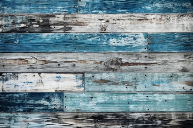 Un muro di legno blu e bianco con un aspetto stagionato.