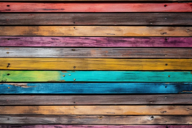 Un muro di legno colorato con uno sfondo di legno che dice arcobaleno su di esso.