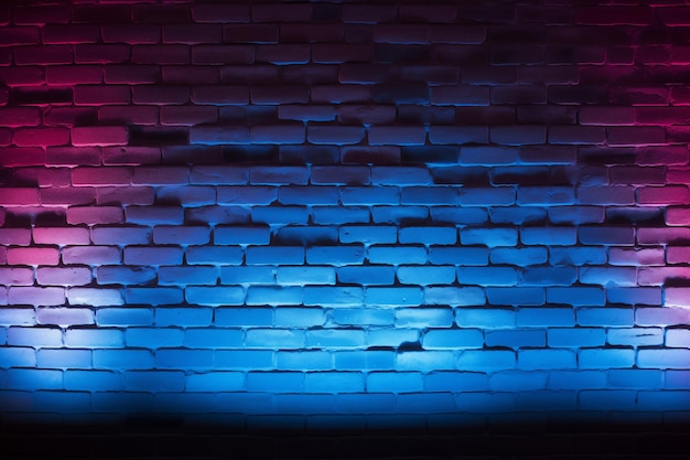 Un muro di mattoni con luci blu e rosa