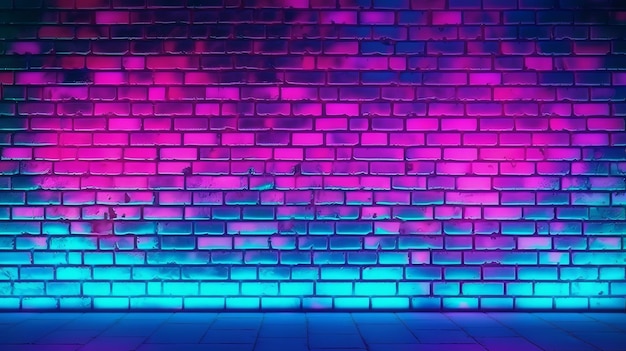 Un muro di mattoni con un pavimento piastrellato nei toni del viola e del blu