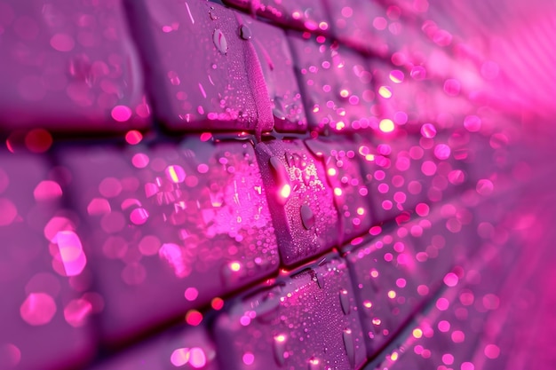 Un muro di mattoni con una tonalità rosa e un sfondo sfocato luci al neon il muro sembra essere bagnato e ha