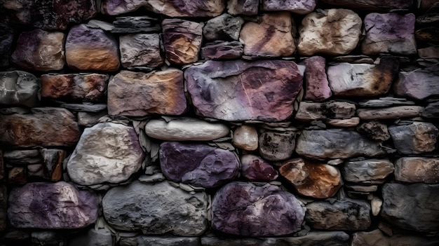 Un muro di pietra con rocce viola