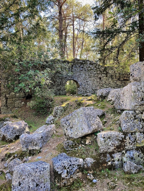 Un muro di pietra con un arco di pietra al centro