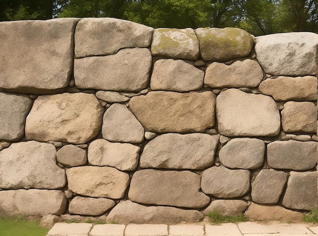 un muro di pietra con una faccia di pietra e un prato di erba sullo sfondo