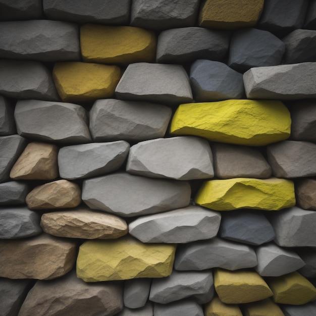 Un muro di rocce con colori gialli e verdi.