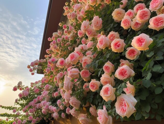 Un muro di rose rosa con foglie verdi sopra