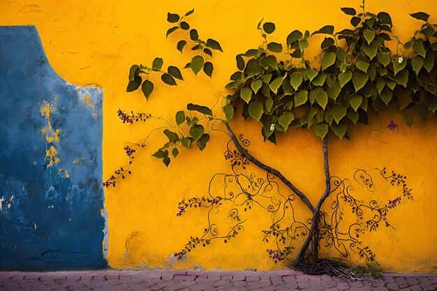 Un muro giallo con un albero e una porta blu.