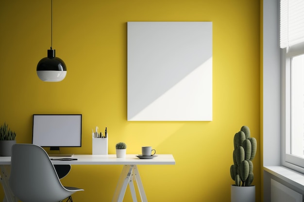 Un muro giallo con un poster bianco che dice "home office".