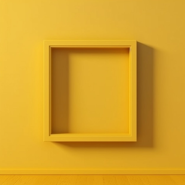 Un muro giallo con una cornice quadrata sopra.