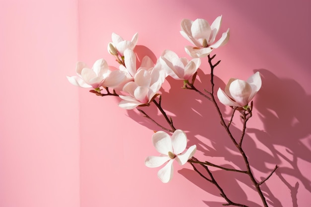 un muro rosa con fiori bianchi sopra