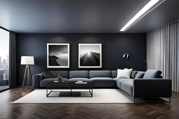 Un muro scuro minimalista con cornici quadrate nere wall art