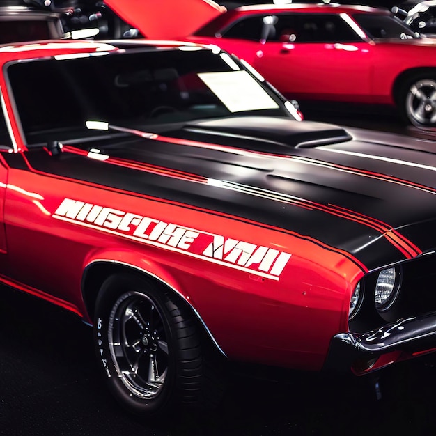 Un muscle car rosso con una striscia nera che dice "muscle car"