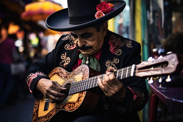 Un musicista mariachi messicano che suona la chitarra e canta