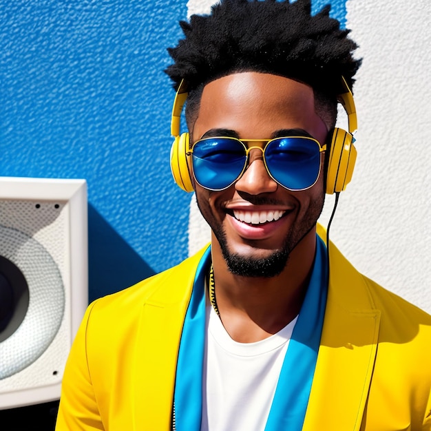 Un musicista o un rapper afroamericano che indossa occhiali da sole si trova contro un muro di altoparlanti audio e