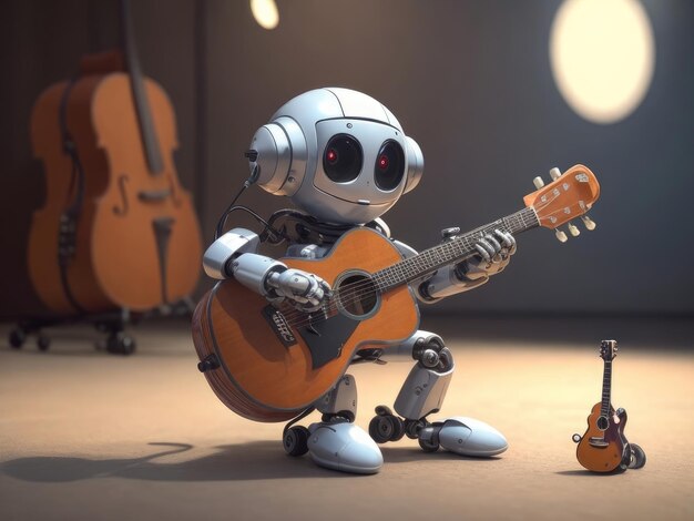Un musicista robot che suona una piccola chitarra che intrattiene un pubblico affascinato generato da ai