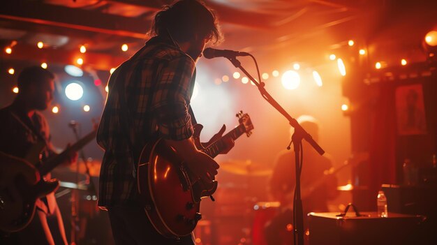 Un musicista suona la chitarra e canta in un microfono sul palco Il palco è illuminato da luci arancione