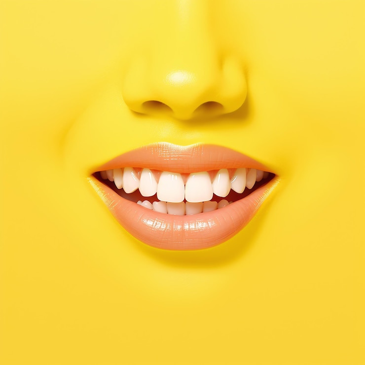 Un naso e un sorriso splendente su uno sfondo giallo isolato ai generativo