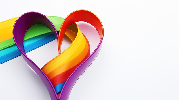 Un nastro arcobaleno LGBT a forma di cuore poggia su uno sfondo bianco che rappresenta il concetto di silhouette di amore e orgoglio per lo stesso sesso