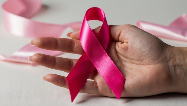 un nastro rosa con un triangolo bianco su di esso è legato a un nastro rosso