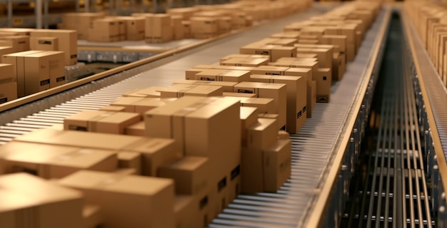 Un nastro trasportatore in un magazzino trasporta scatole di cartone