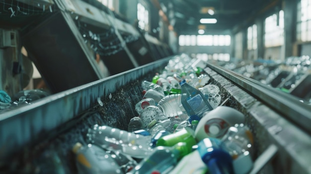 Un nastro trasportatore pieno di rifiuti di plastica sottolinea l'importanza del riciclaggio