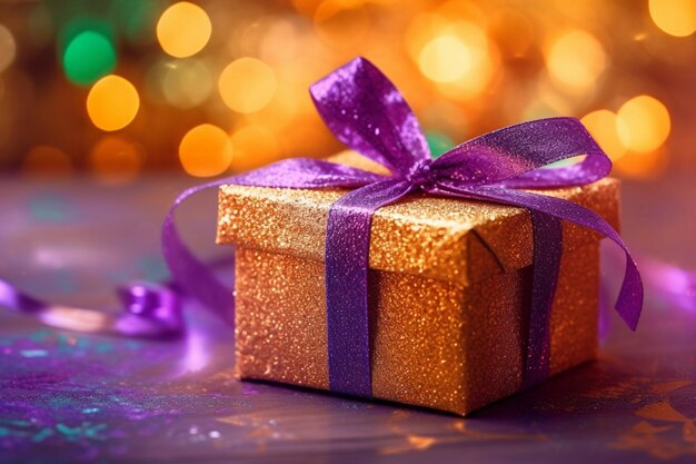 Un nastro viola avvolto attorno a una scatola regalo d'oro su un tavolo generativo ai