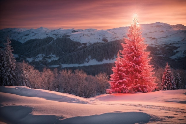 Un Natale magico con vista serale rossa sull'albero innevato