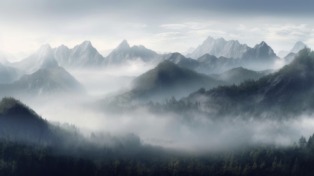 Un nebbioso paesaggio di montagna con le montagne sullo sfondo.