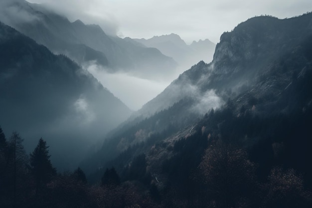 Un nebbioso paesaggio di montagna con una montagna sullo sfondo