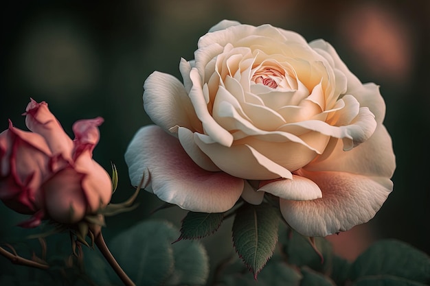 Un nebbioso primo piano di una rosa bianca e rosa