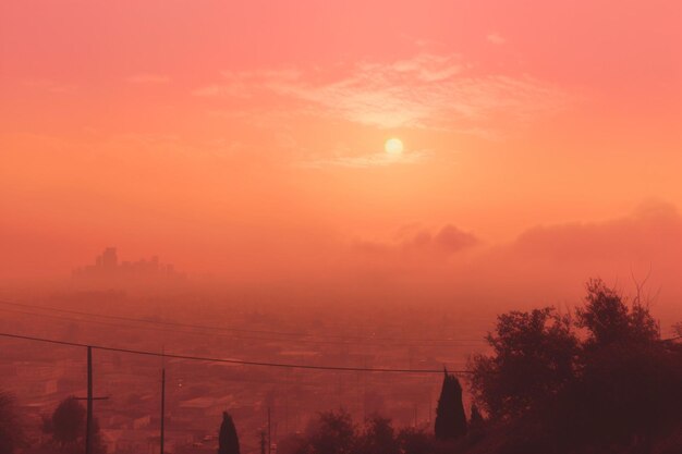 Un nebbioso tramonto rosa e giallo