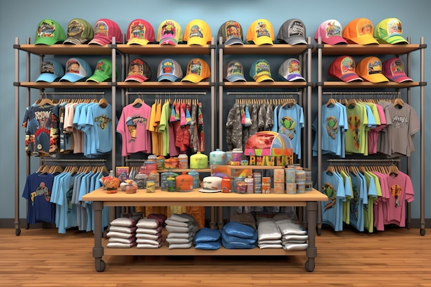 Un negozio che mostra una serie di merci e vestiti colorati Perfetti per ogni occasione