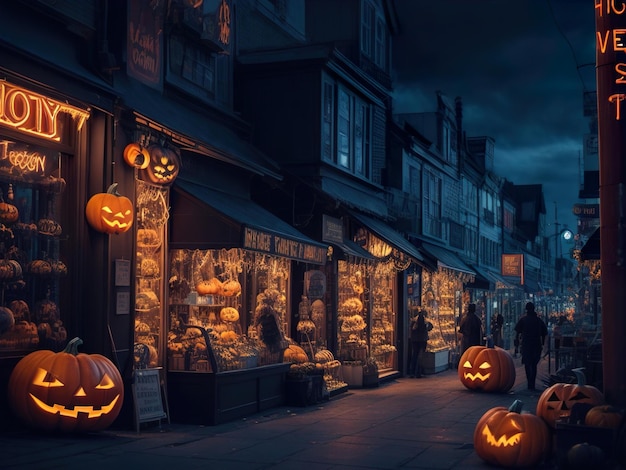 Un negozio con decorazioni di zucca di Halloween il giorno di Halloween