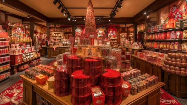 Un negozio con un'esposizione di caramelle e un albero di Natale.