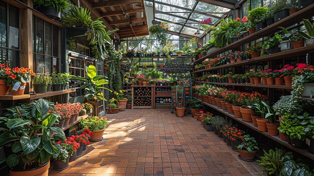 un negozio con un grande soffitto pieno di piante e fiori