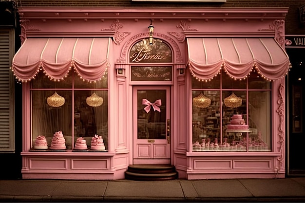 Un negozio rosa con un'insegna che dice "pasticceria".