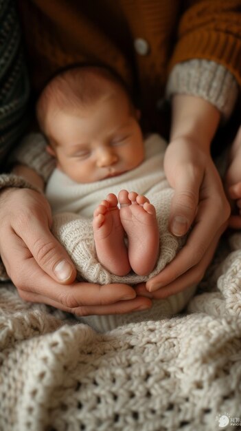 Un neonato che dorme tra le mani dei genitori