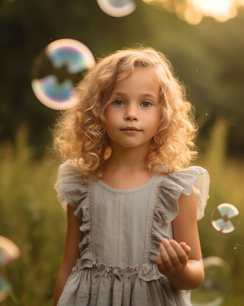 Un neonato che gioca con le bolle all'esterno dell'immagine dell'IA generativa