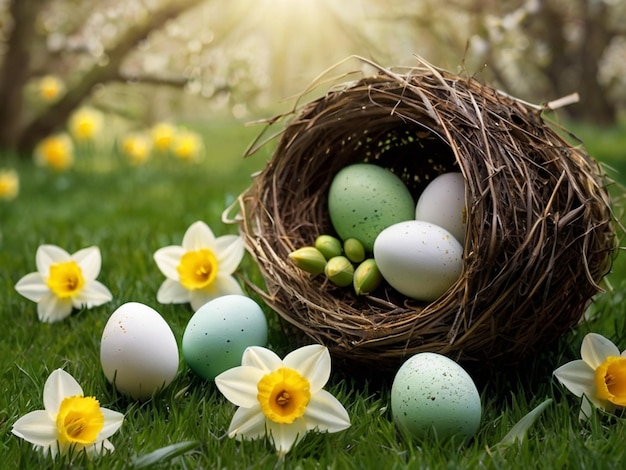 un nido di uova con uova nell'erba con i raggi del sole sullo sfondo generato dall'AI