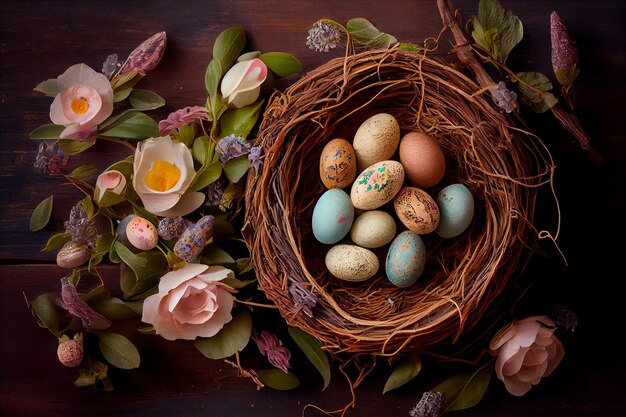 Un nido di uova di Pasqua con fiori e un nido d'uccello.