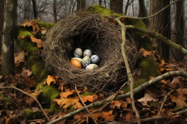 Un nido mimetizzato di un uccello raro con uova sul suolo della foresta creato con l'IA generativa