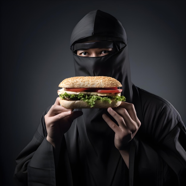 Un ninja con in mano un panino