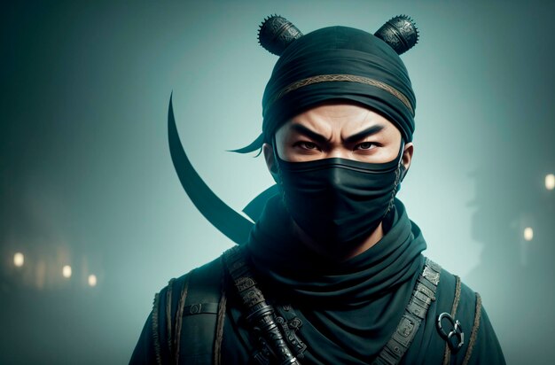 Un ninja maschio con una maschera nera sul volto che gli copre il volto IA generativa