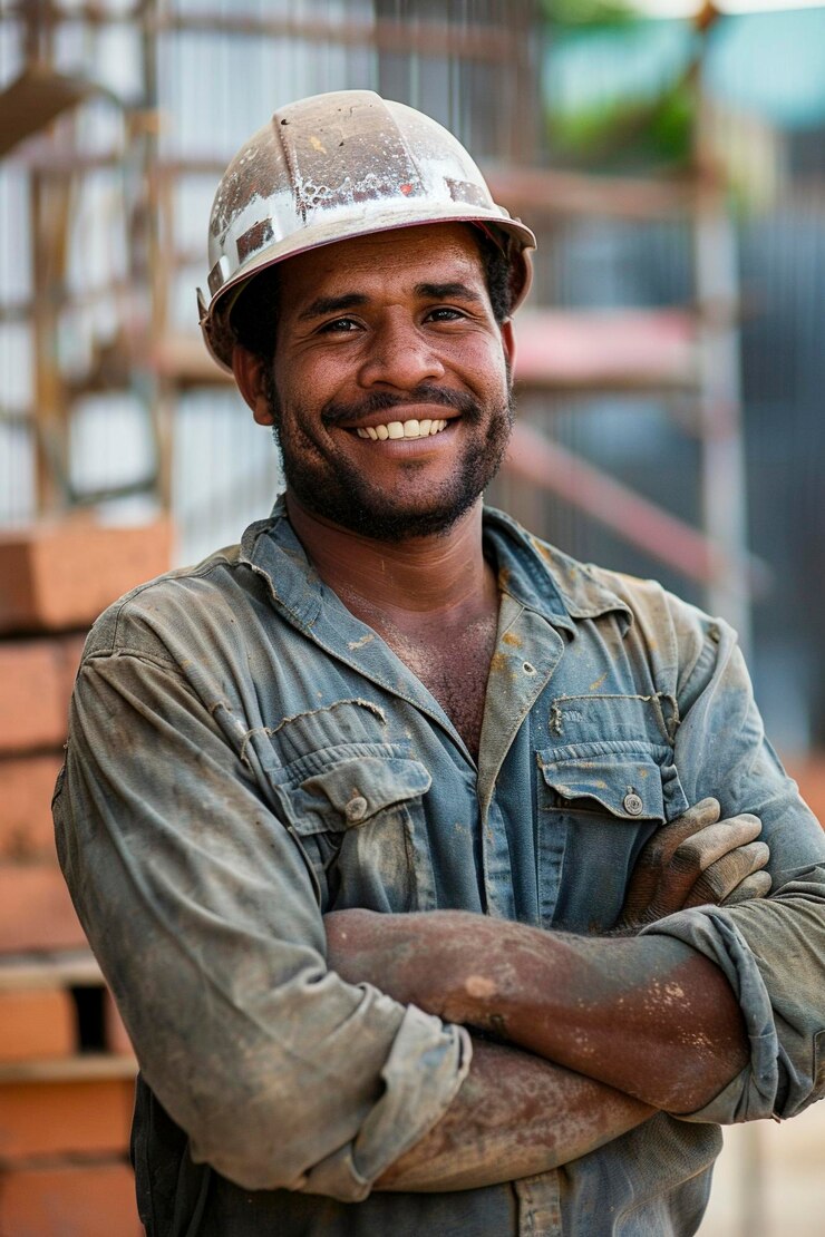 Foto un normale muratore brasiliano davanti a un cantiere con le braccia incrociate