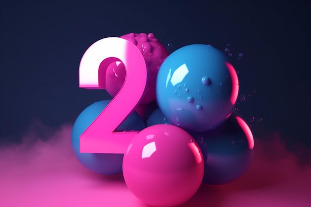 Un numero 2 è circondato da palline e il numero 2 è su uno sfondo rosa.