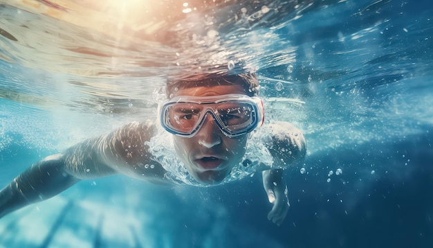 Un nuotatore in punti in competizione si concentra sulla vittoria