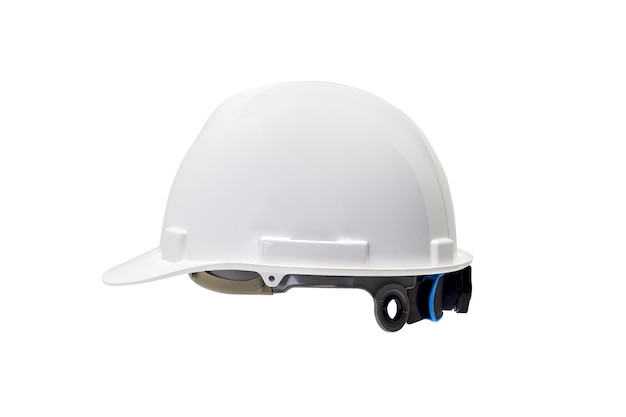 Un nuovo casco di sicurezza bianco su sfondo bianco