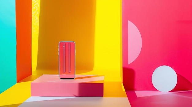 Un nuovo smartphone si trova su un podio rosa su uno sfondo giallo brillante Il telefono è elegante e moderno con un grande schermo e una cornice sottile