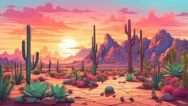 Un'oasi di deserto vibrante con uno splendido tramonto e una varietà di cactus e succulente illustrazione