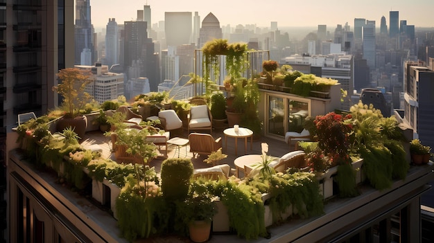 Un'oasi di giardino sul tetto in cima a un grattacielo della città